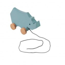Dřevěná modrá dětská tahací hračka na kolečkách Sebra Rhino